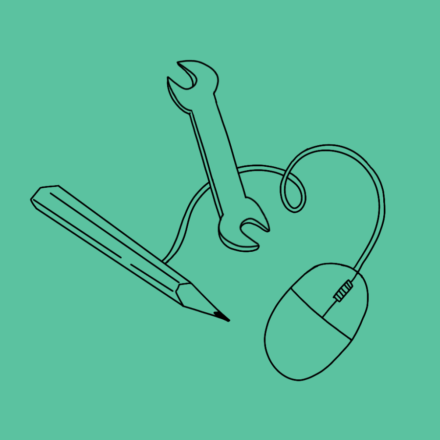 illustrazione verde di un mouse, una matita e una chiave inglese